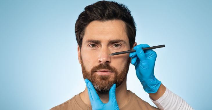 A plastic surgeon drawing lines on man's nose during rhinoplasty consultation